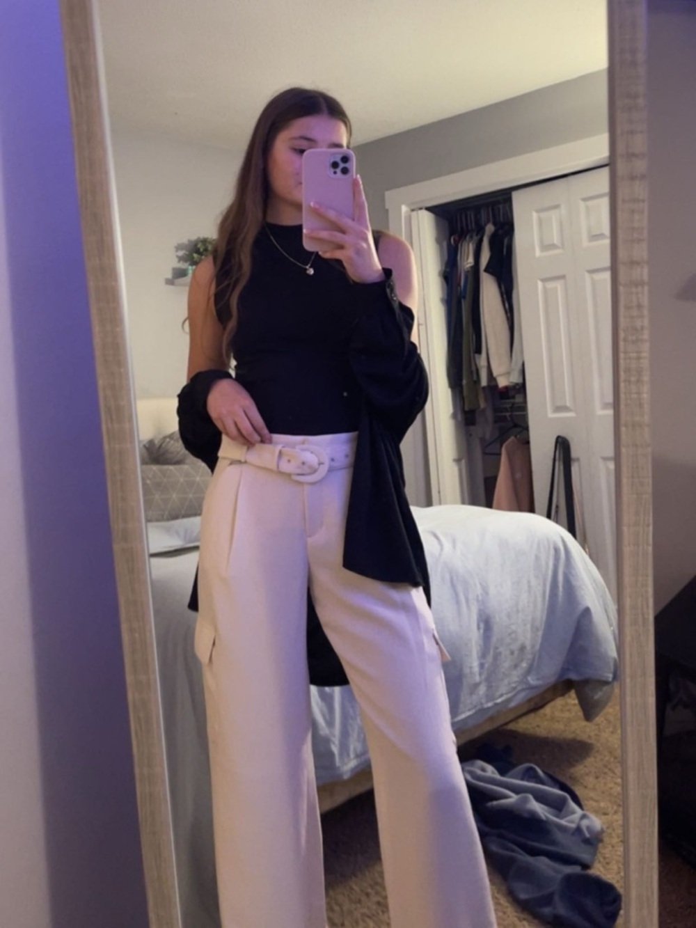 Chic Black Tank with Cream High-Waist Belted Trousers